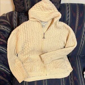 Arin Mor Irish Cream Cable Knit Hoodie Zip Sweater 100% Marino Wool